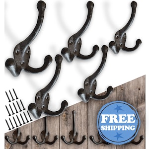 Rustic Cast Iron Coat Hooks (5 Pack) Wall Mounted Farmhouse Decor &quot;Tri-Leg&quot; Hooks w/ screws, Vintage Hooks for Hanging Coats (Antique Black)