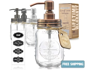 Mason Jar Soap Dispenser - Kitchen Soap Dispenser - Dish Soap Dispenser - Hand Soap or Lotion Dispenser (16 Oz, Stainless Steel Copper Pump)