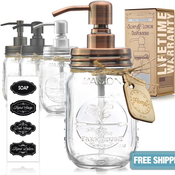 Mason Jar Soap Dispenser - Kitchen Soap Dispenser - Dish Soap Dispenser - Hand Soap or Lotion Dispenser (16 Oz, Stainless Steel Copper Pump)