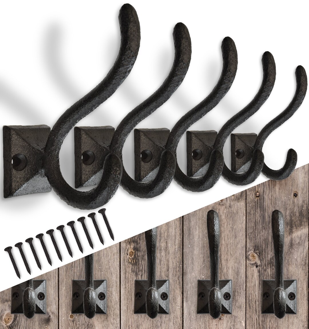 Rustic Cast Iron Coat Hooks 5 Pack Wall Mounted Farmhouse Etsy