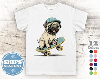 Toddler T-Shirt - Cute Skateboarding Pug Puppy Gift Tee - Cotton Funny Tee | Girl T Shirt | Boy T Shirt | Youth Shirt | Gender Neutral Retro