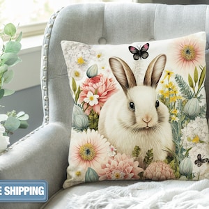 Federa per cuscino con coniglietto pasquale (45,7 x 45,7 cm) – stampa natalizia su bianco, fodera in finta pelle scamosciata, cuscino per divano, cuscino per sedia (due diversi modelli)