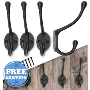 Cast Iron Coat Hooks (4 Pack) Handmade Wall Mounted, Farmhouse, Decorative, Wall Hooks for Hanging Coats, Bags, Hats, Towels (Black)