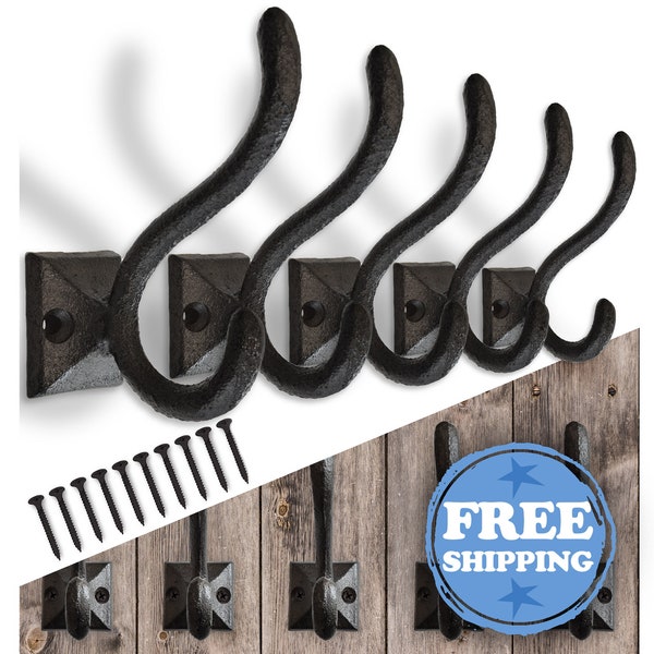 Rustic Cast Iron Coat Hooks (5 Pack) Wall Mounted Farmhouse Decor "Square Base" Hooks w/ screws, Vintage Hooks for Coats (Antique Black)