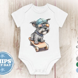 Soft Cotton Baby Bodysuit - Skateboarding Mini Schnauzer - Baby Onesie | Baby Boy Bodysuit | Baby Girl Bodysuit | Boy or Girl Onesie Gift