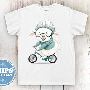 Toddler T-Shirt - Bicycling Lamb Cute TShirt - Kids Cotton Animal Tee | Girl T Shirt | Boy T Shirt | Youth Shirt | Gender Neutral Retro Gift