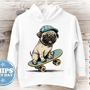Toddler Hoodie - Skateboarding Pug - Toddler Hoodie for Boys, Toddler Hoodie for Girls, Hoodie Gift for Toddlers, Cotton Toddler Sweater
