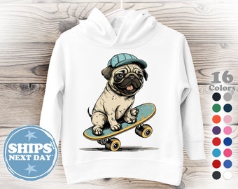 Toddler Hoodie - Skateboarding Pug - Toddler Hoodie for Boys, Toddler Hoodie for Girls, Hoodie Gift for Toddlers, Cotton Toddler Sweater