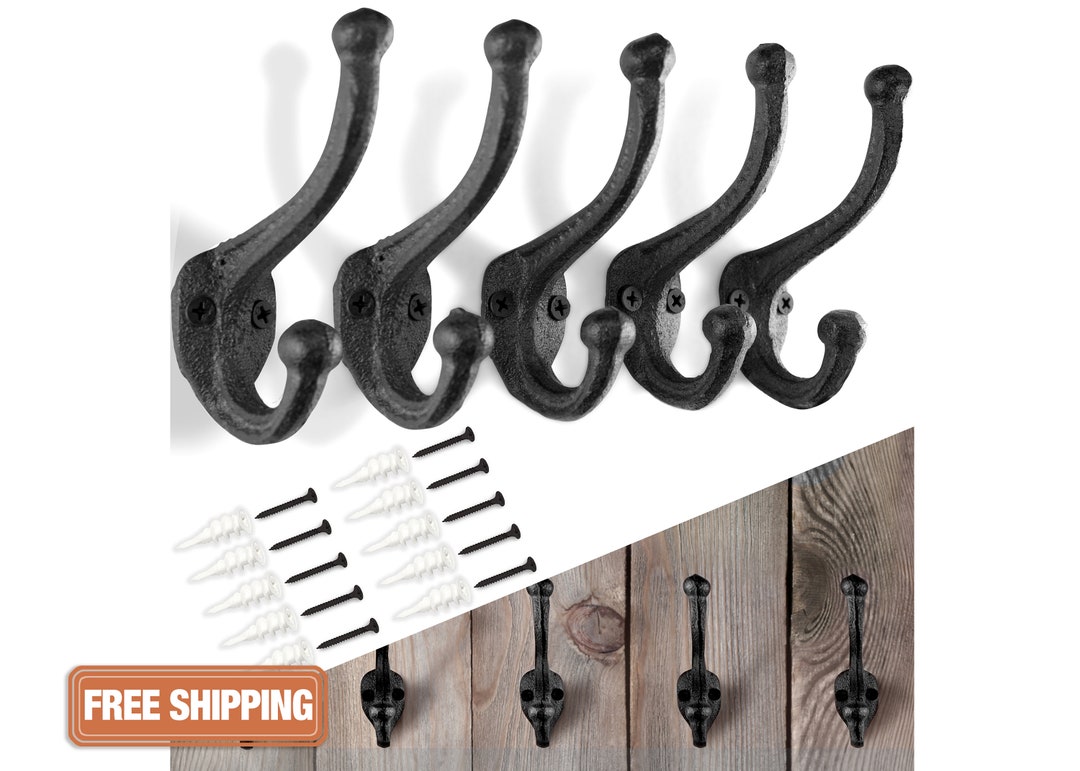 Rustic Cast Iron Coat Hooks 5 Pack Wall Mounted Farmhouse Etsy