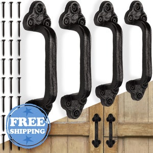 Large Rustic Gate Handles (Set of 4) Black, Farmhouse, Cast Iron, Barn Door Handle - Includes Hardware (9 inches, Indoor or Outdoor)