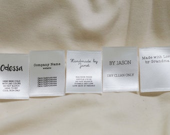 High Quality Custom Printed Satin Label -High Resolution Print- White Label w/ Black Print - Straight Cut - Fold Over Style (NOT PRE-FOLDED)