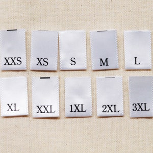 Printed Satin Size Tabs - White Clothing Labels with Black Letters - Adult/Lettered Sizes - Folded Labels