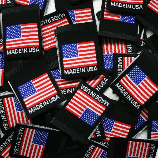 High Quality Woven Flag Labels for Clothing with "Made in USA" - Center Fold - Black Color - 1" (W) x 1.25" (H) folded size - 100 PCS