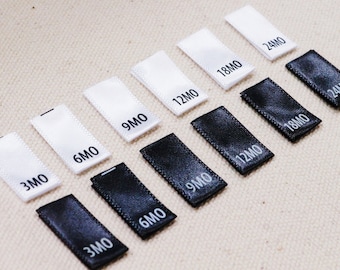 Printed Satin Size Tabs - 3 Months to 24 Months - White Labels or Black Labels - Folded Labels