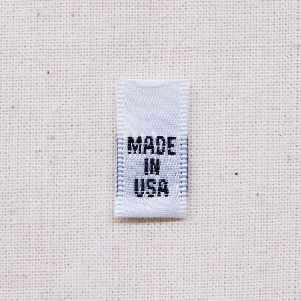 Woven Satin "Made in USA" Tabs - White Color Clothing Labels with Black Text - Centerfold