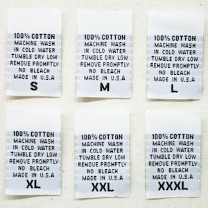 Woven Polyester Care Labels - 100% Cotton with Sizes  - White Taffeta with Black Letters - Straight Cut - 50 or 100 pcs