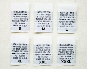 Woven Polyester Care Labels - 100% Cotton with Sizes  - White Taffeta with Black Letters - Straight Cut - 50 or 100 pcs