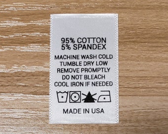 Printed Satin Care Clothing Labels- "95 COTTON, 5 SPANDEX" w/ Care - 1"(W) x 1.5"(H) - White w/ Black Text - Straight Cut Labels - 100 PCS