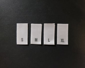 Printed Satin Size Tabs-Adult/Lettered Sizes-White Labels w/ Gray Letters- Folded Size Labels