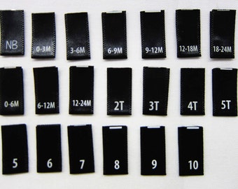 Printed Satin Size Tabs-For Childrens/Kids & Baby Clothing-Black Labels w/White Letters- Folded Labels- Up to 10 Different Sizes