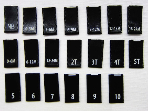 Printed Satin Size Tabs-For Childrens/Kids & Baby Clothing-Black Labels w/White Letters- Folded Labels- Up to 10 Different Sizes