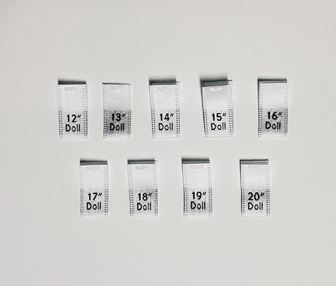 Woven Size Tabs - Doll Sizes - White Labels With Black Letters - Folded ...