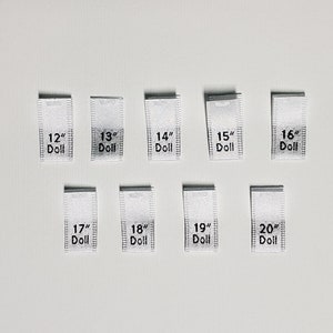 Woven Size Tabs - Doll Sizes - White Labels with Black Letters -  Folded Labels