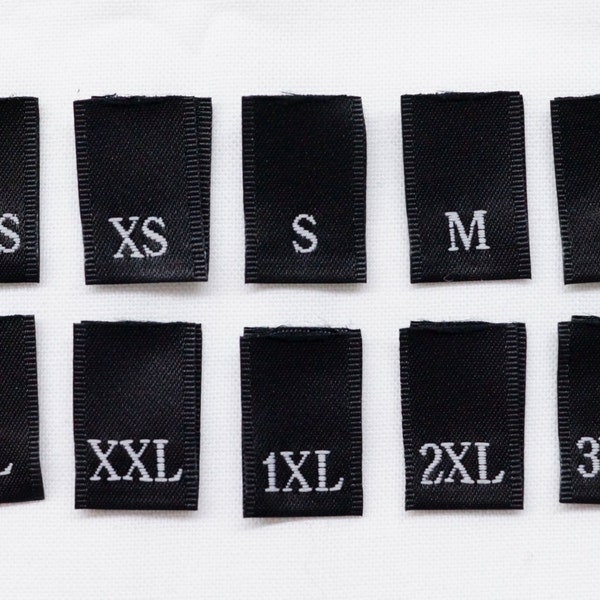 Woven Size Tabs - Black Clothing Labels with White Letters - Adult/Lettered Sizes - Folded Labels