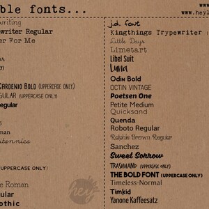 May include: A list of available fonts for use in digital and print labels. The fonts are listed in alphabetical order and include both uppercase and lowercase letters. The list is on a brown background with a small logo at the bottom right corner.
