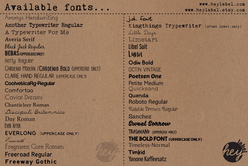 May include: A list of available fonts for use in digital and print labels. The fonts are listed in alphabetical order and include both uppercase and lowercase letters. The list is on a brown background with a small logo at the bottom right corner.