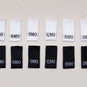 Woven Size Tabs - 3 Months to 24 Months - White Labels or Black Labels - Baby/Toddler sizes - Folded Labels