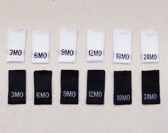 Woven Size Tabs - 3 Months to 24 Months - White Labels or Black Labels - Baby/Toddler sizes - Folded Labels