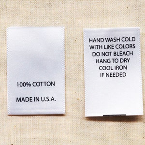 Printed Satin Care Clothing Labels - White with Black Text - 100 Pcs - 1" (W) x 1.5" (H) Folded Size