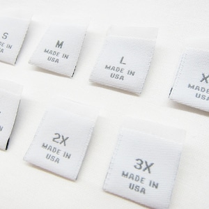 Woven Damask Size Tabs w/ Made in USA - White Clothing Labels w/ Gray Letters - Folded Labels - 50 or 100 PCS
