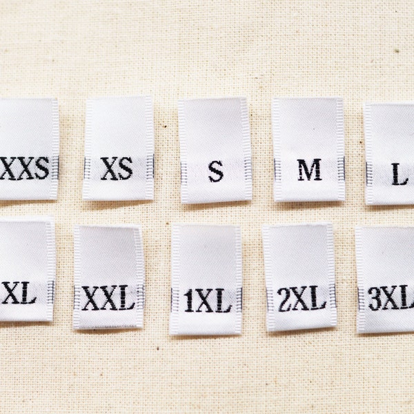 Woven Size Tabs - White Clothing Labels with Black Letters - Adult/Lettered Sizes - Folded Labels