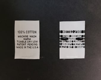 Woven Polyester Care Labels - 100% Cotton with "Made in the U.S.A"  - White Taffeta with Black Letters - Straight Cut - 50 or 100 pcs