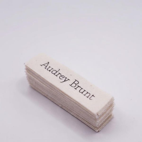 Fabric Sew-On name label , Organic Natural Cotton label, personalized, custom name - Pre Cut , 13mm x 50mm