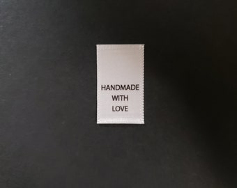 Printed Satin "Handmade with Love" Tabs - White Color Clothing Labels with Black Text - Straight Cut/No Fold - 100 PCS