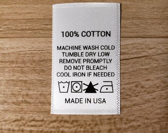 Printed Satin Care Clothing Labels- "100% Cotton" w/ Care Instructions- 1" (W) x 1.5" (H) -White w/ Black Text -Straight Cut Labels -100 PCS