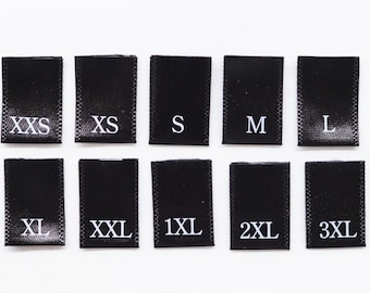 Printed Satin Size Tabs - Black Clothing Labels with White Letters - Adult/Lettered Sizes - Folded Labels