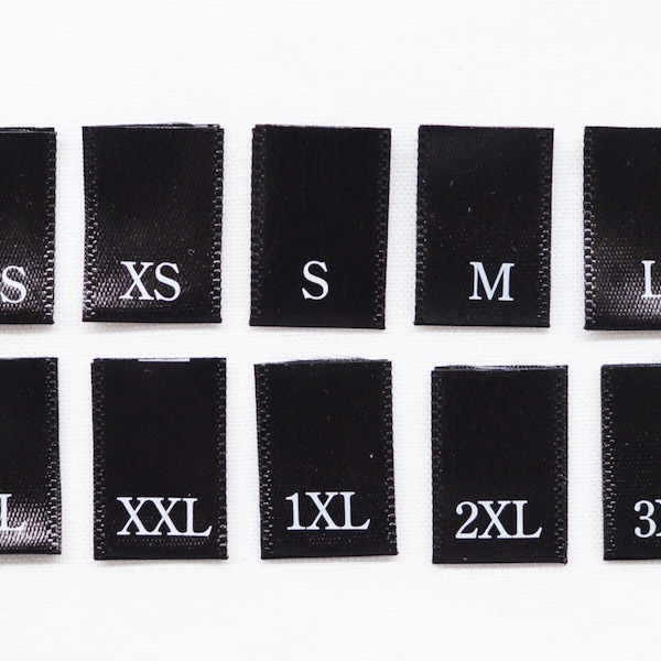 Printed Satin Size Tabs - Black Clothing Labels with White Letters - Adult/Lettered Sizes - Folded Labels