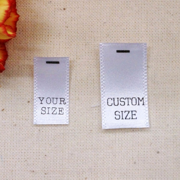 Custom Printed Satin Size Tabs - Choose Your Own Sizes - White or Ivory Color Labels - Black or Charcoal Gray Print - Up to 5 Sizes