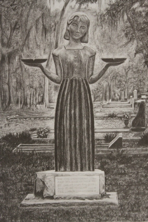 The Bird Girl pencil drawing statue in Bonaventure Cemetery