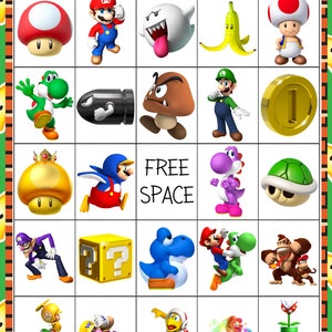 May include: A Super Mario Bros. Bingo card with images of characters from the video game series. The card has a free space in the center and 24 other spaces with images of characters like Mario, Luigi, Yoshi, Bowser, and Toad.