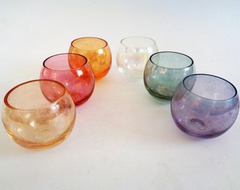 Multi Colored Glass Tumblers, Roly Poly Glasses, Glass Tumblers, Set of 6, Mid Century Roly Poly Glasses, Multi Colored shot glasses, 50s