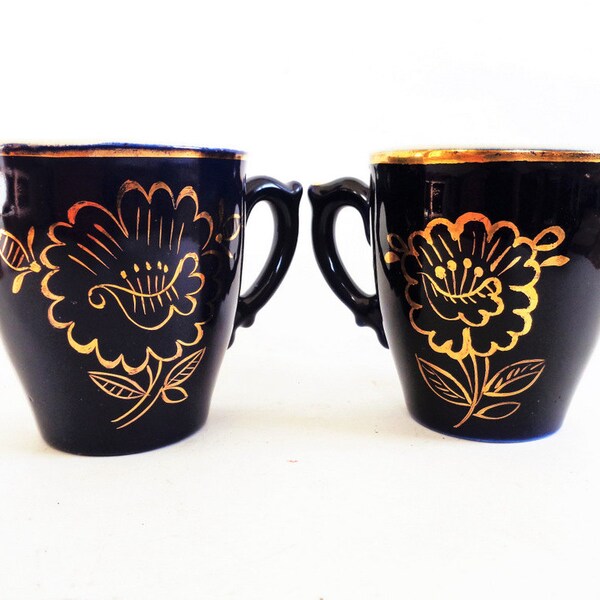 Teetassen, Russische China, Gzhel Teetassen, Gold Cups blau Kobalt Tee Tassen, Russisches Porzellan Teetassen, Vintage Teetassen, Gzhel, Russland, 1972