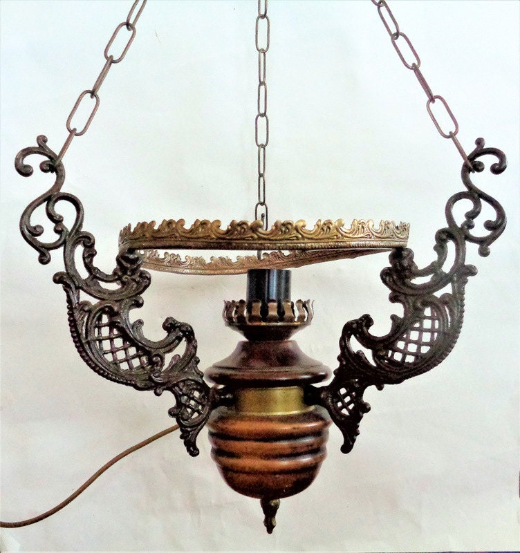 Lamp Parts Antique Hanging Ceiling Light Fixture Wood Brass Etsy