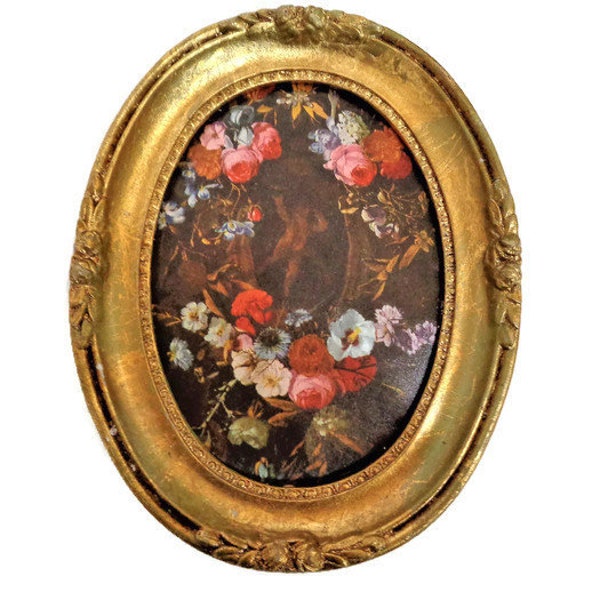 Vintage Oval Gold Frame with Silk Picture of Flowers, Wooden Photo Frame, Boudoir Decor