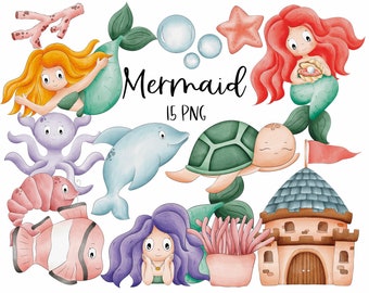 Meerjungfrau Clipart-Grafiken | 300dpi digitale Illustration | Kindergarten | Geburtstagsdekoration | Meerjungfrau mit roten Haaren | unter dem Meer