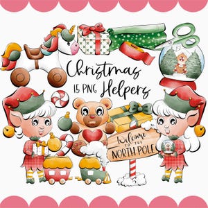 Grafica clipart aiutanti di Natale | Illustrazione digitale a 300 dpi | Scarabocchio | Licenza commerciale | Sublimazione PNG | Cartoline di Natale